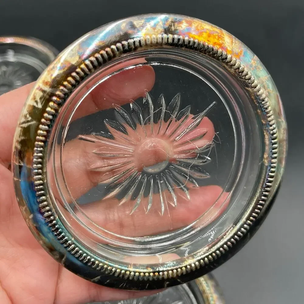 Vintage Leonard Silverplate Coasters Italy Glass Insert Starburst Set of 3